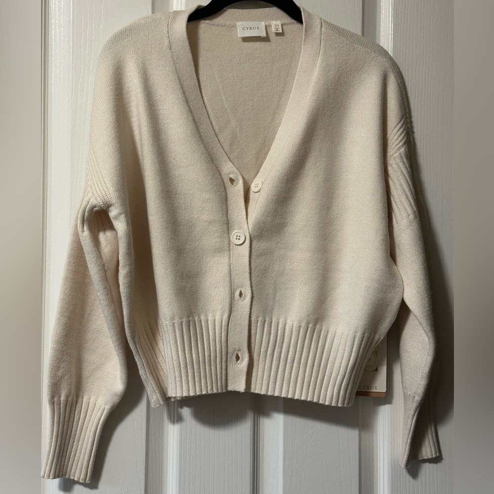 Cyrus White Button-UpCardigan Sweater